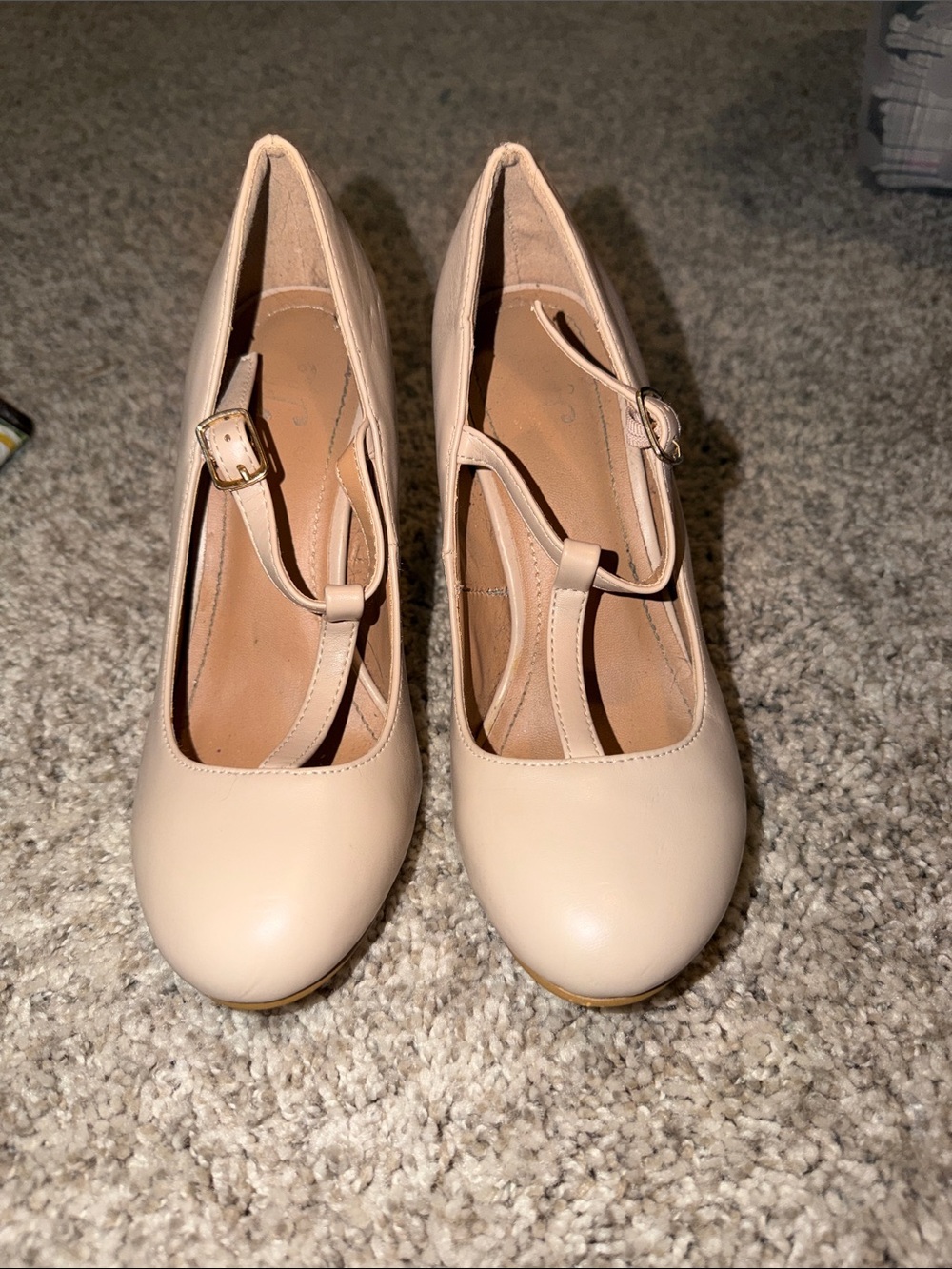 Women's Nude T-Strap Round-Toe Heels